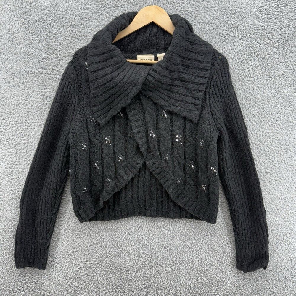 DKNY Womens L Chunky Knit‎ 1 Button Cardigan Sweater Black Long Sleeve Sequins